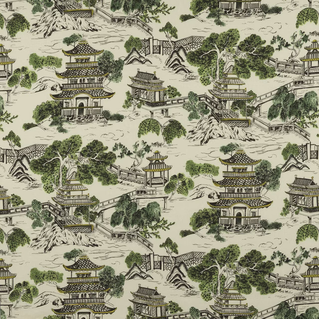 Cream linen fabric with pagodas, bridges and green trees in a scenic repeat