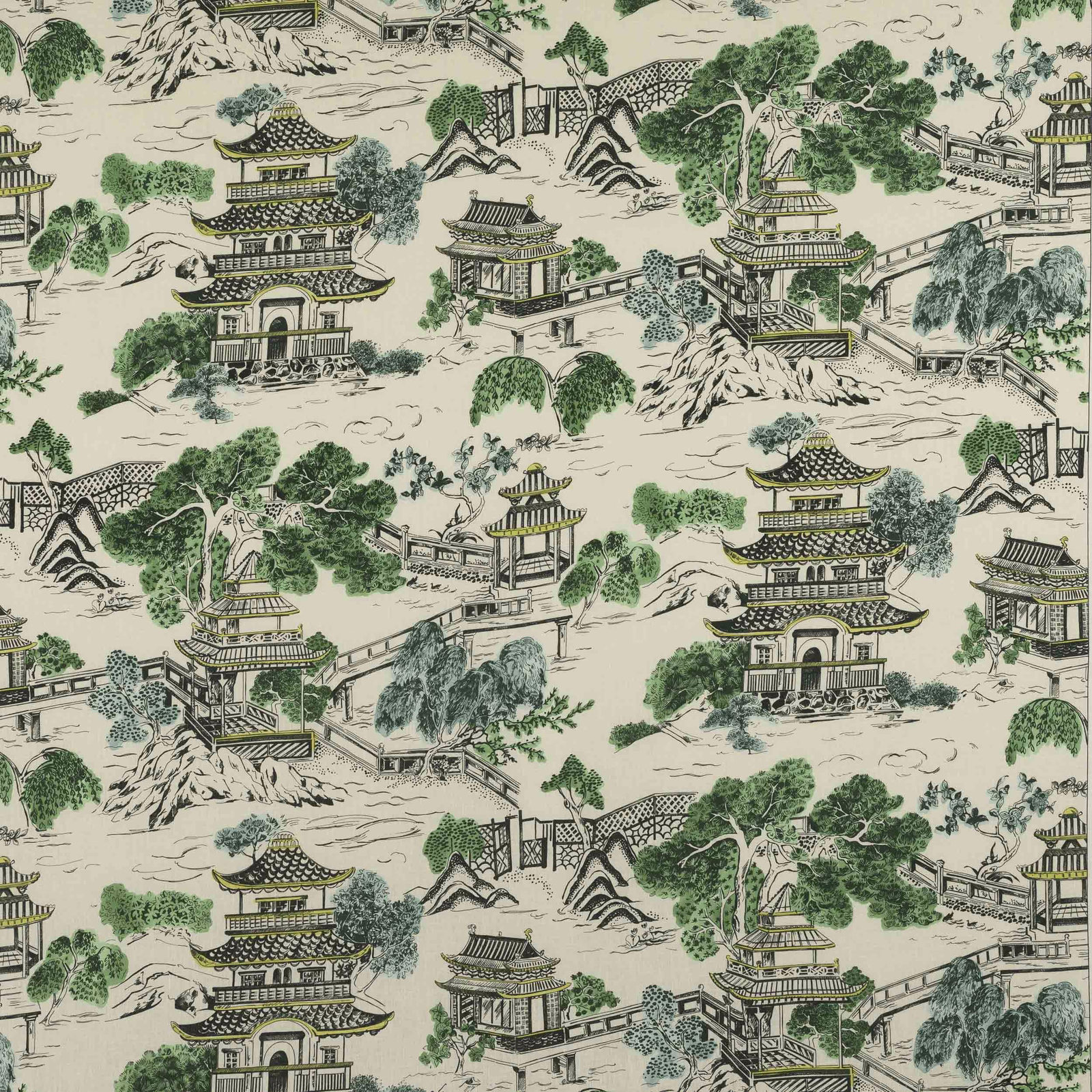 Scenic linen fabric with pagodas, bridges and trees in jade green on ivory