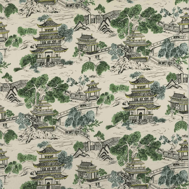 Scenic linen fabric with pagodas, bridges and trees in jade green on ivory