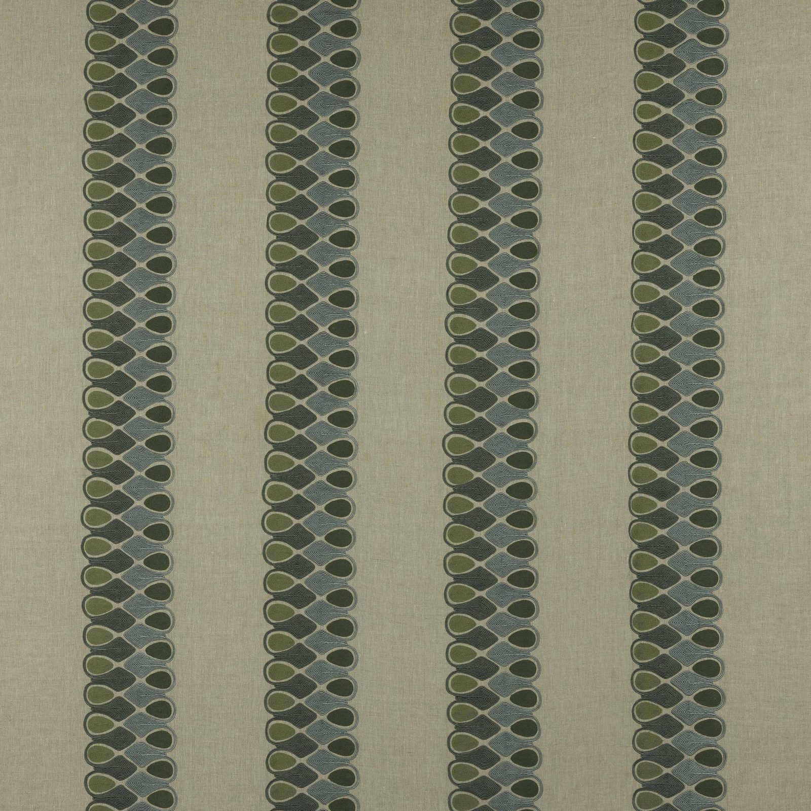 Pale ground fabric with vertical celadon and olive linked-oval stripe