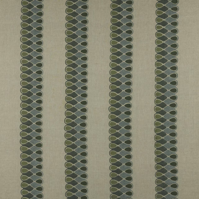 Pale ground fabric with vertical celadon and olive linked-oval stripe