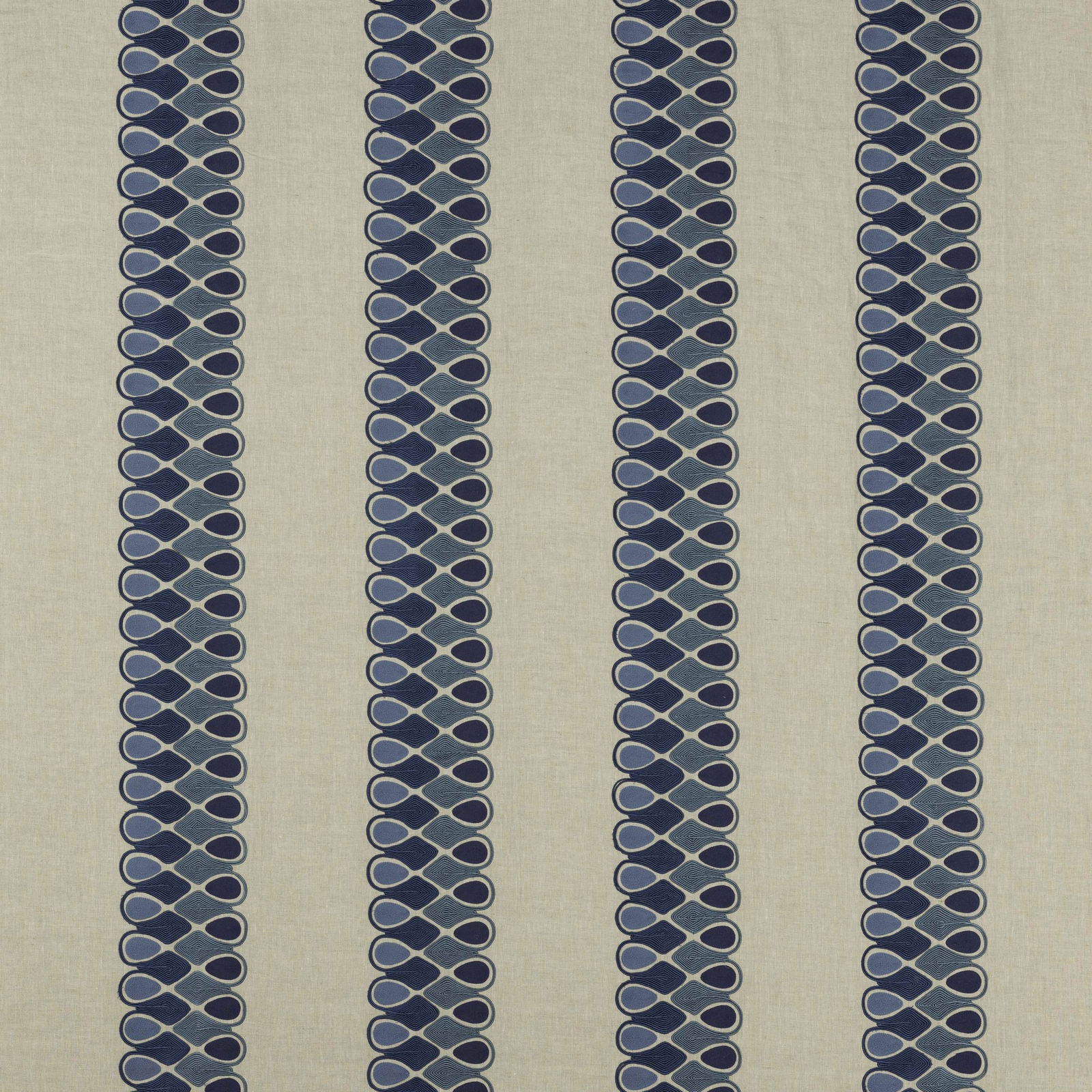 Vertical blue linked-stripe motif on a pale linen-look ground