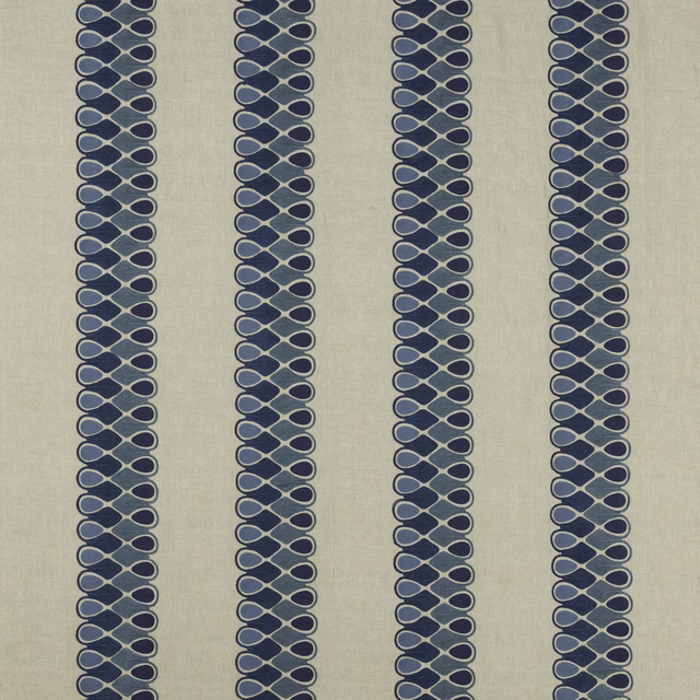 Vertical blue linked-stripe motif on a pale linen-look ground