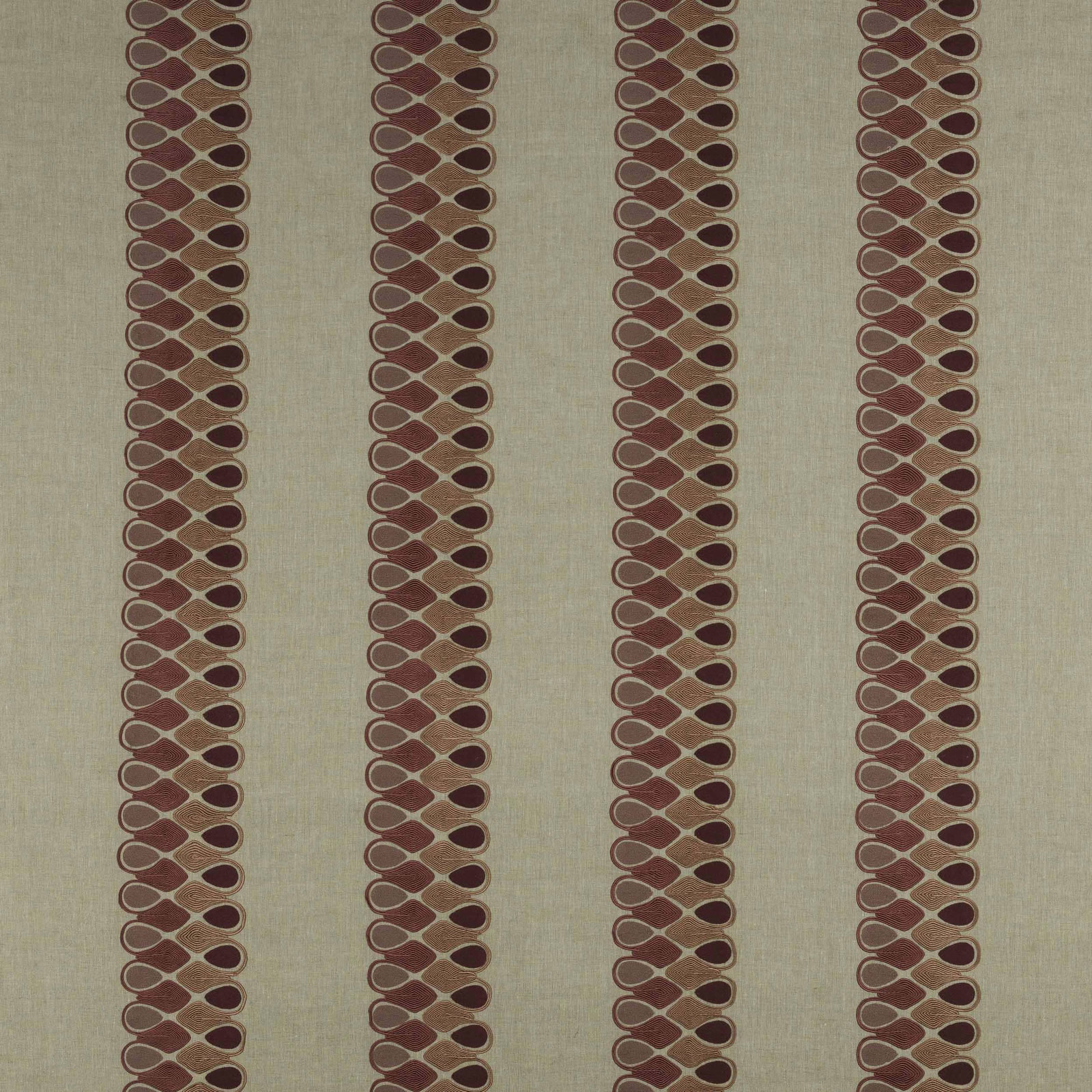 Vertical antique rose teardrop stripes on a warm beige linen-look ground