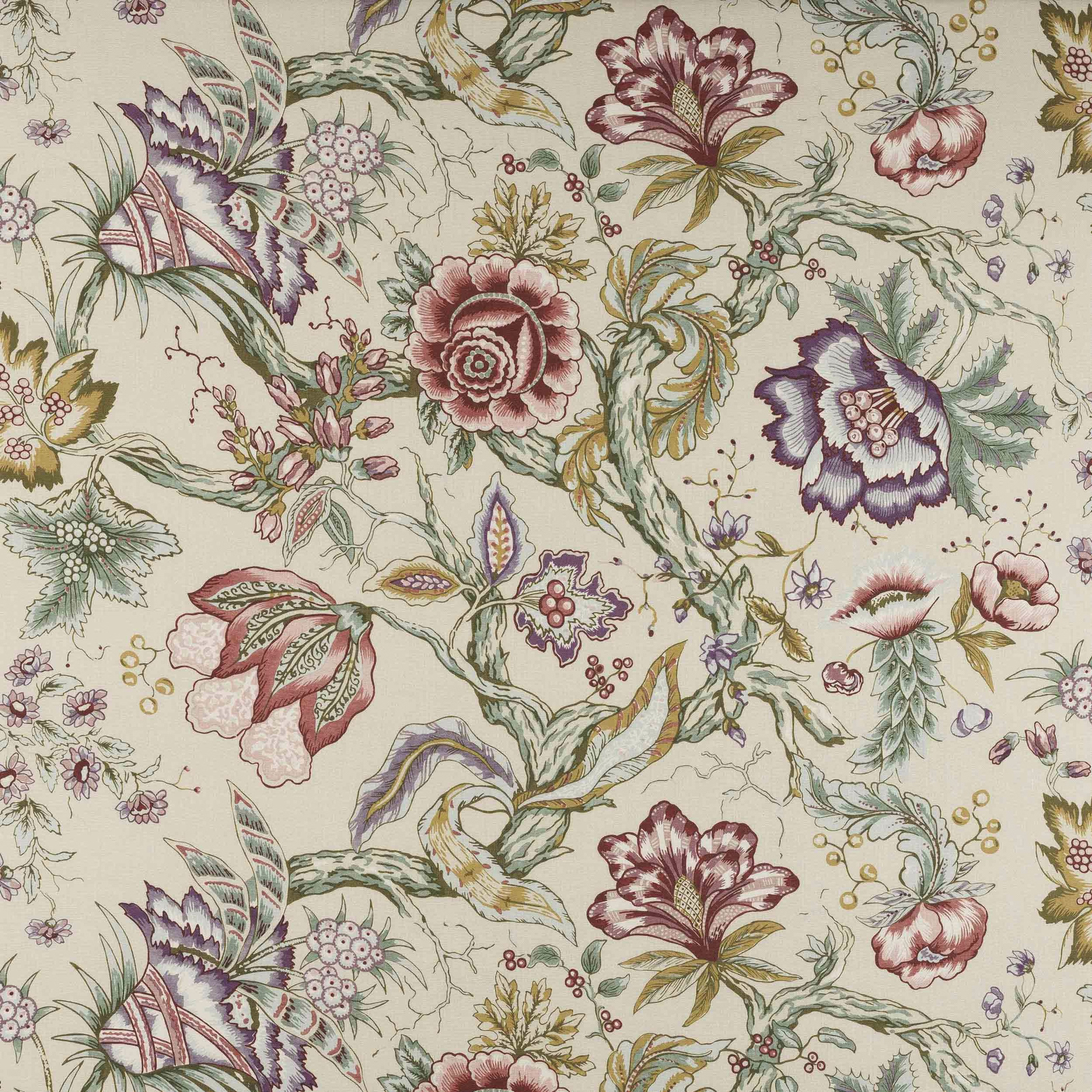 Cream linen fabric with large painterly floral vines in pink, lilac and mint