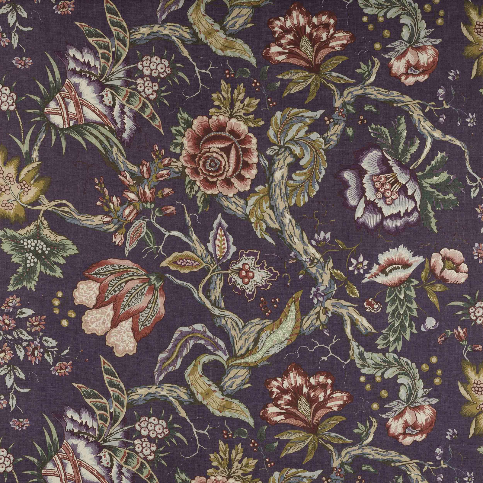 Plum-purple linen fabric with large-scale botanical flowers and winding foliage