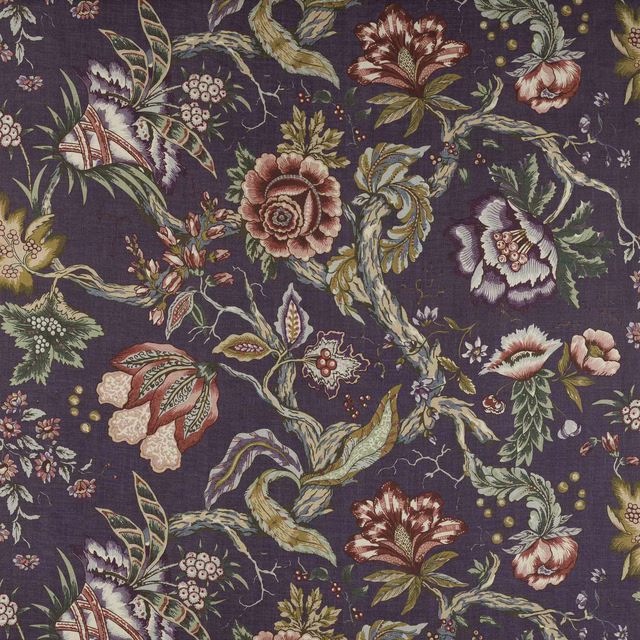Plum-purple linen fabric with large-scale botanical flowers and winding foliage