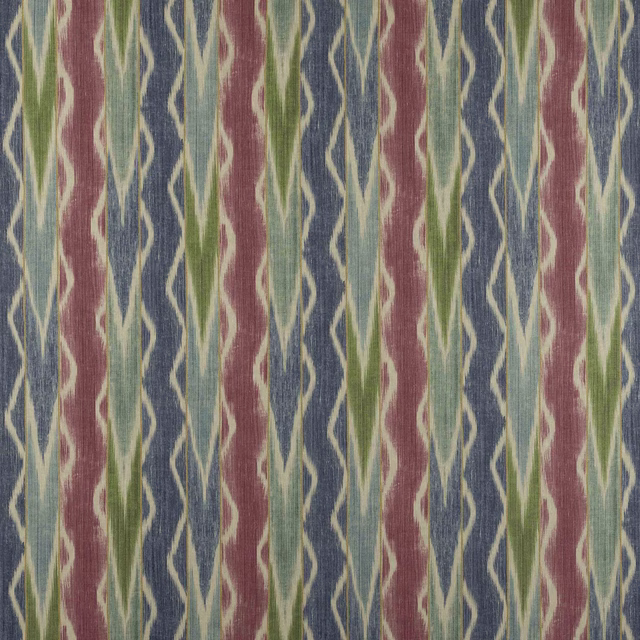 Colourful vertical stripe linen fabric in azure blue, pink, green and ivory