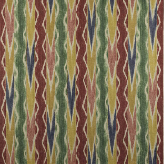 Colourful vertical striped linen swatch with cerise, green, gold and blue accents