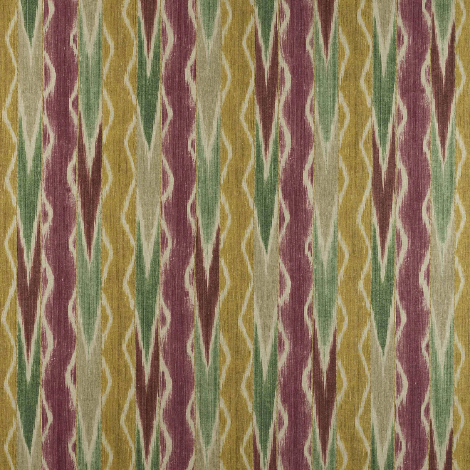 Vertical ikat-style linen swatch in pink, green, ochre and natural tones