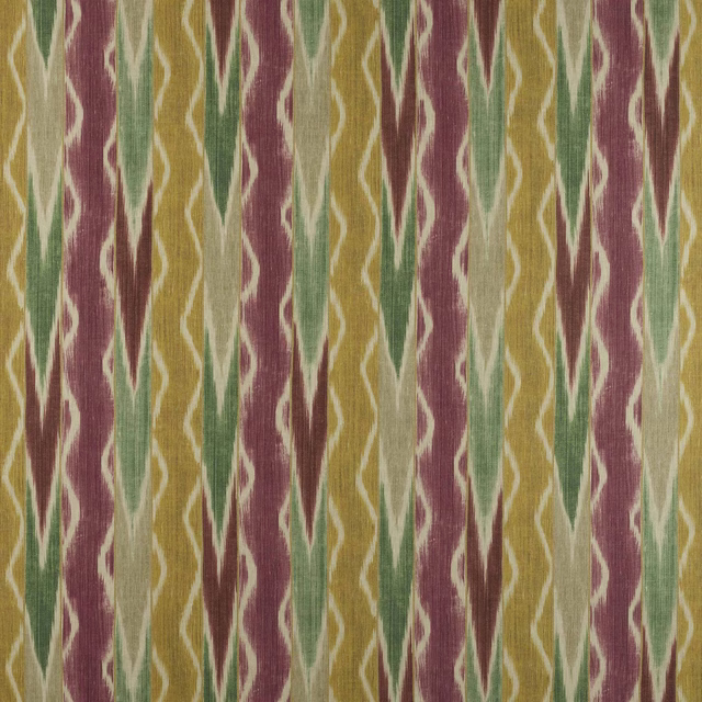 Vertical ikat-style linen swatch in pink, green, ochre and natural tones