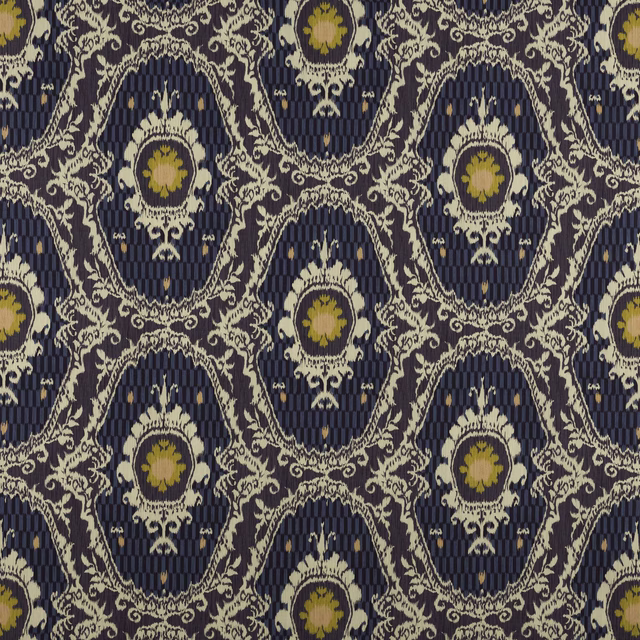 Large navy damask fabric with cream scrolls and amber floral medallions
