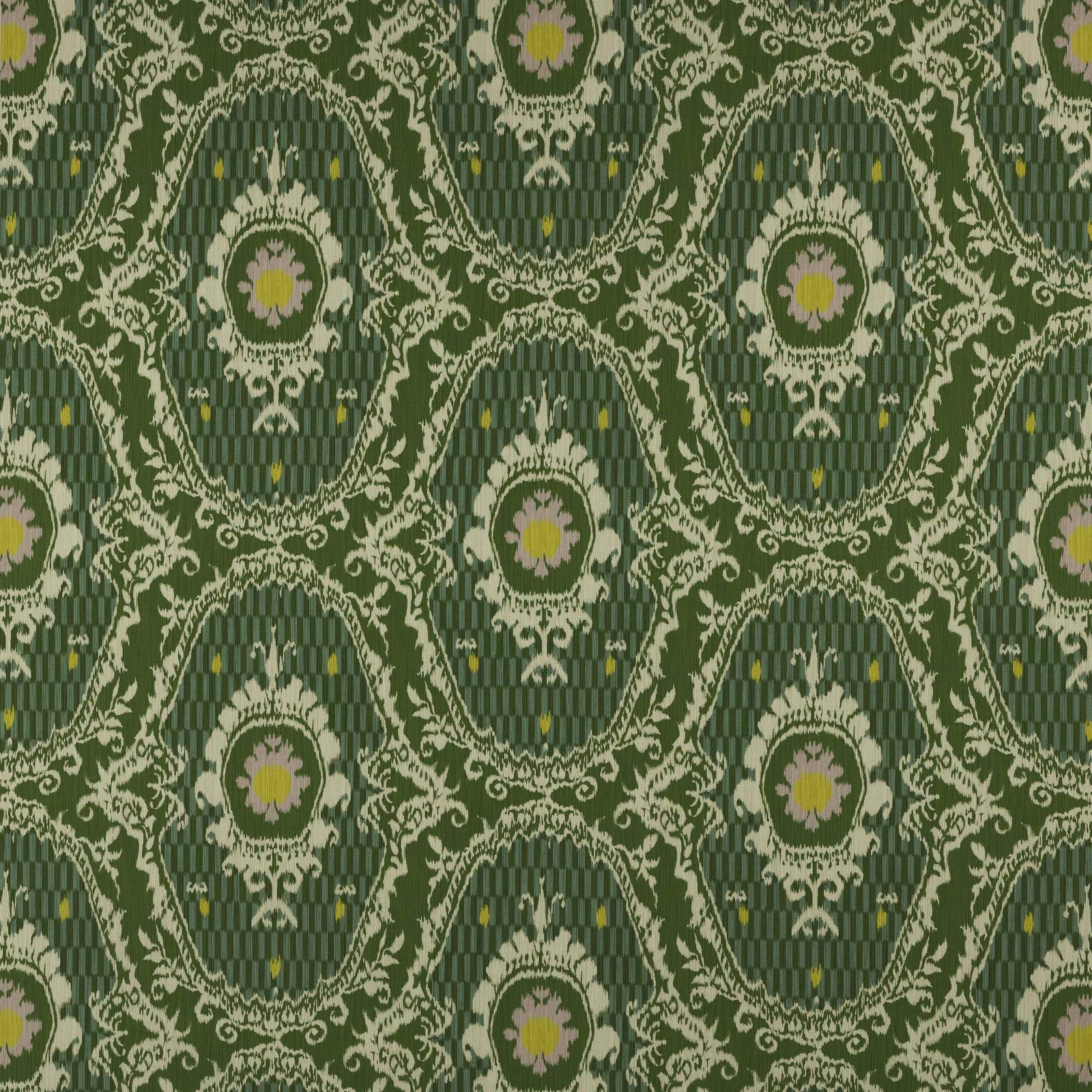 Green geometric cotton fabric with cream scroll lattice and small yellow-flower medallions