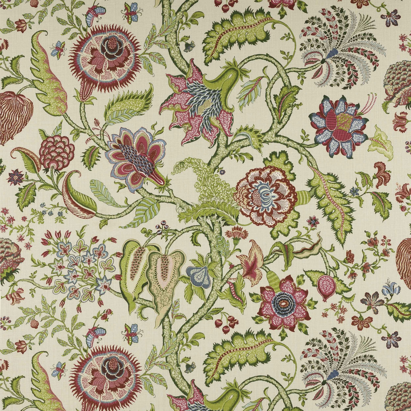 Cream linen fabric with large botanical floral pattern in kiwi green, pink and coral