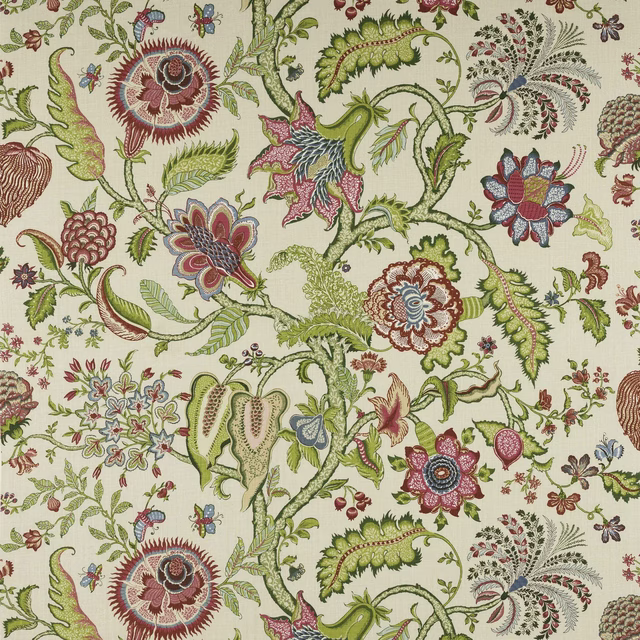 Cream linen fabric with large botanical floral pattern in kiwi green, pink and coral