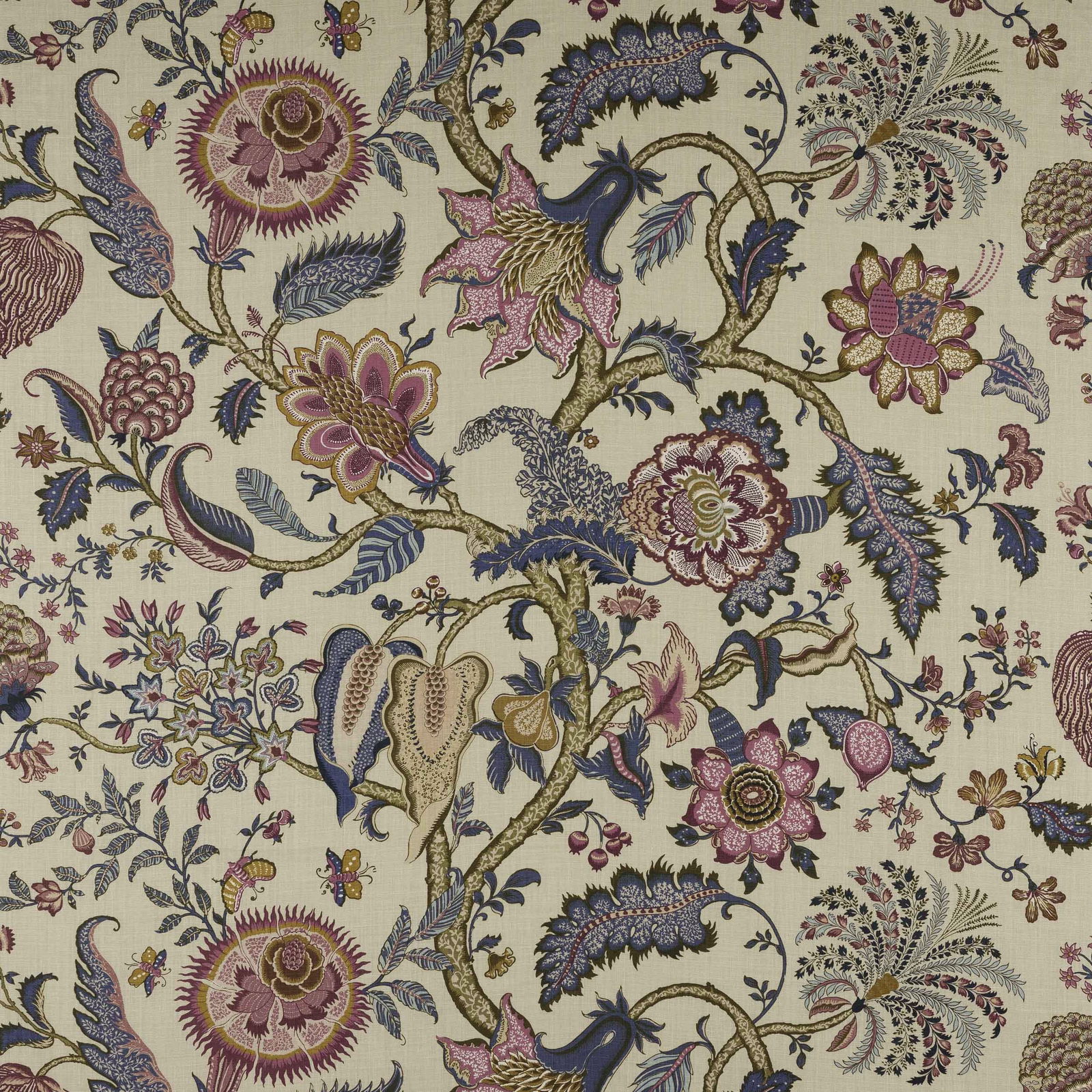 Cream linen fabric with large ornate floral branches in pink, blue and gold