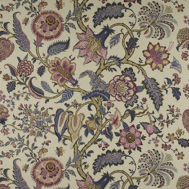Cream linen fabric with large ornate floral branches in pink, blue and gold