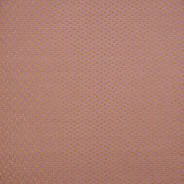 Close-up of lilac fabric with tiny gold repeating woven motif