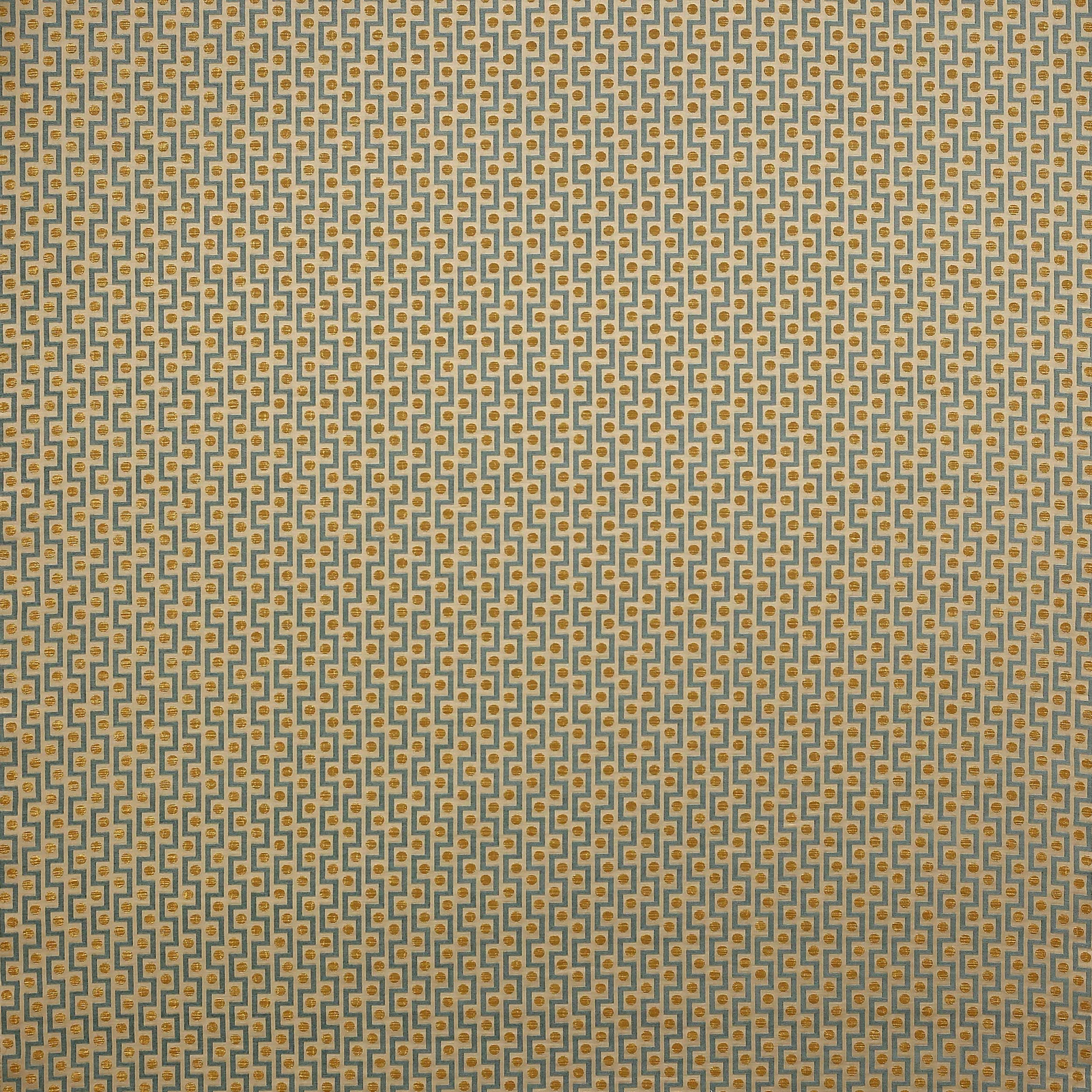 Small geometric taupe fabric with tiny gold motifs in a regular grid
