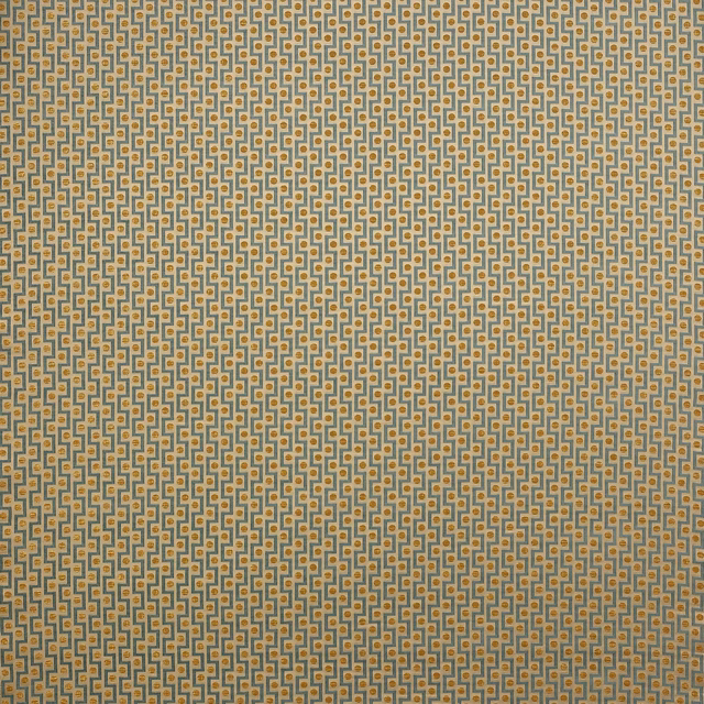Small geometric taupe fabric with tiny gold motifs in a regular grid