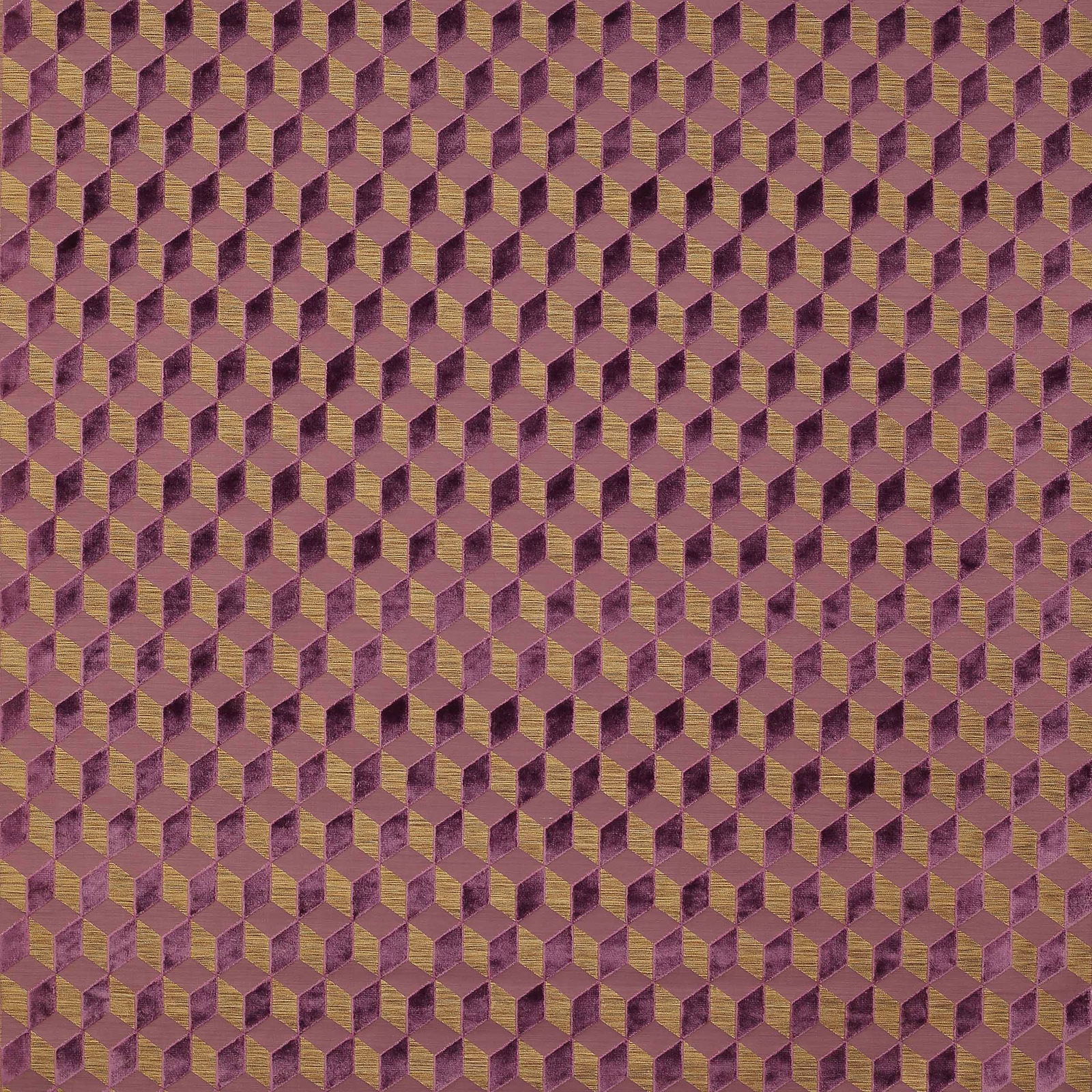 Close-up of mauve-purple geometric fabric with faceted cube-like repeat