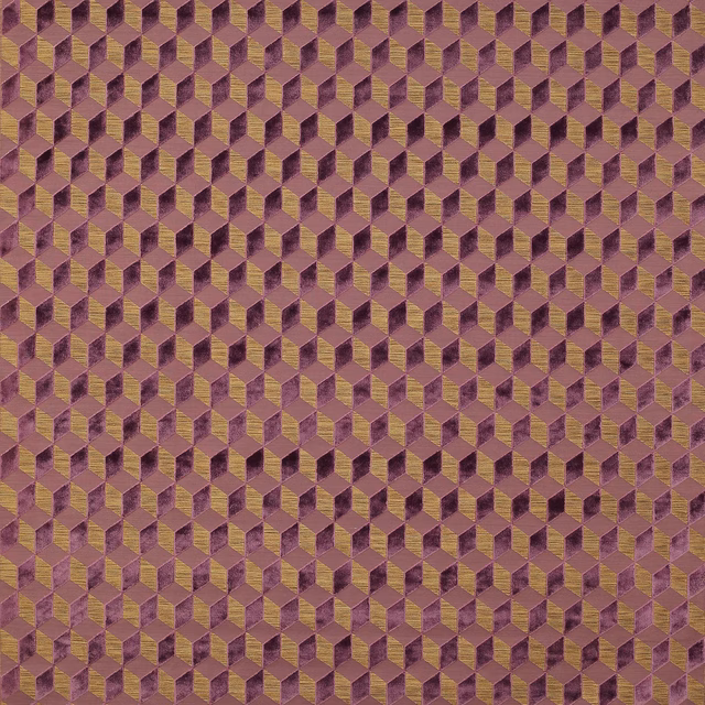 Close-up of mauve-purple geometric fabric with faceted cube-like repeat
