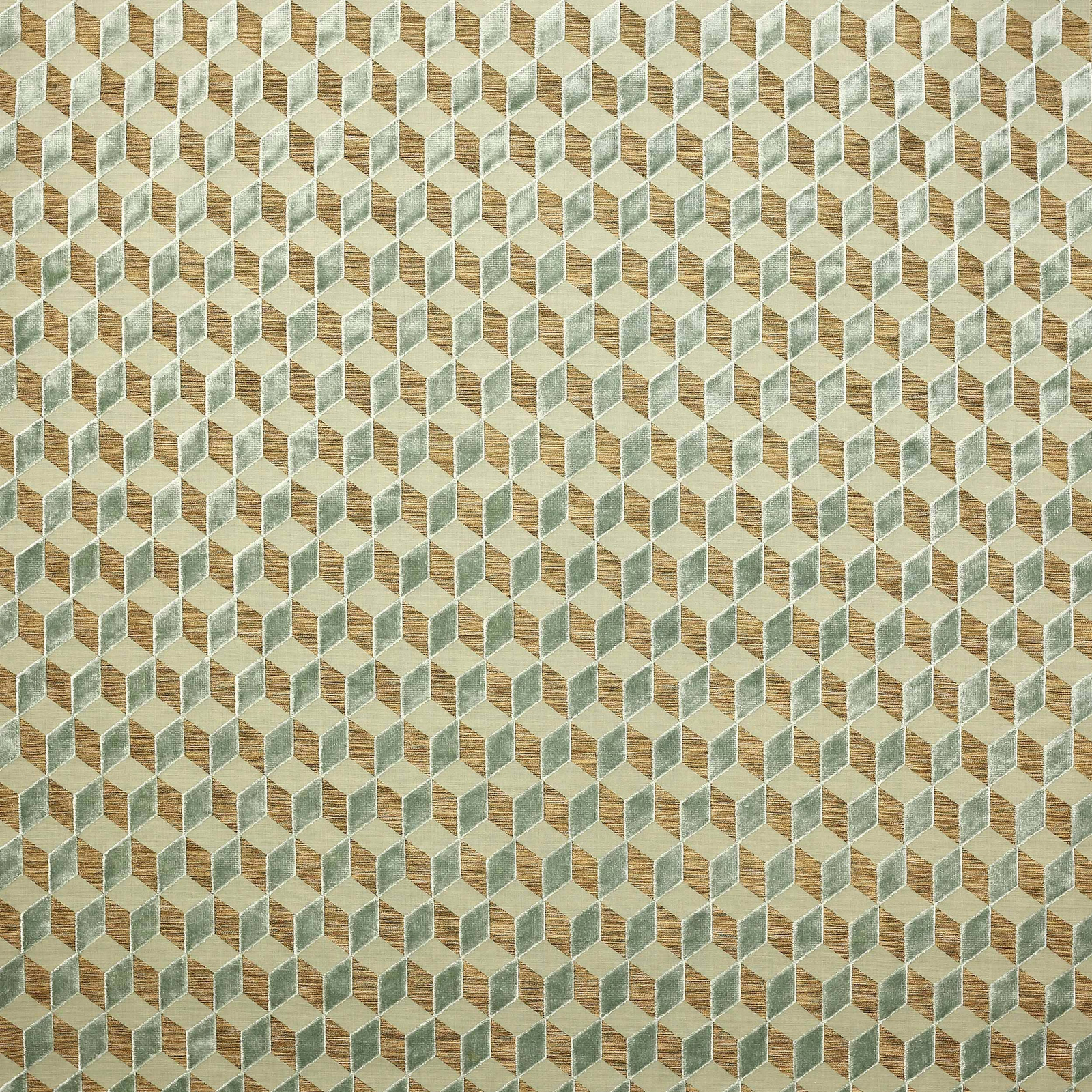 Small geometric fabric swatch in celadon green, beige and cream faceted cubes