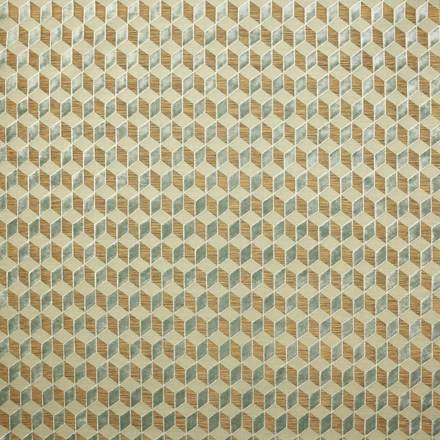 Small geometric fabric swatch in celadon green, beige and cream faceted cubes