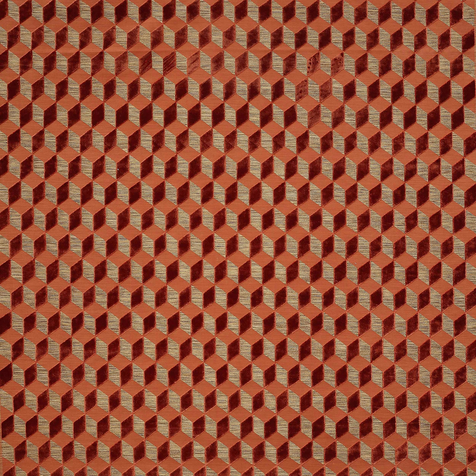 Coral terracotta geometric woven fabric with small repeating cube-like pattern