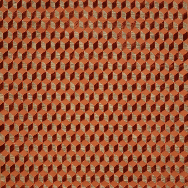 Coral terracotta geometric woven fabric with small repeating cube-like pattern