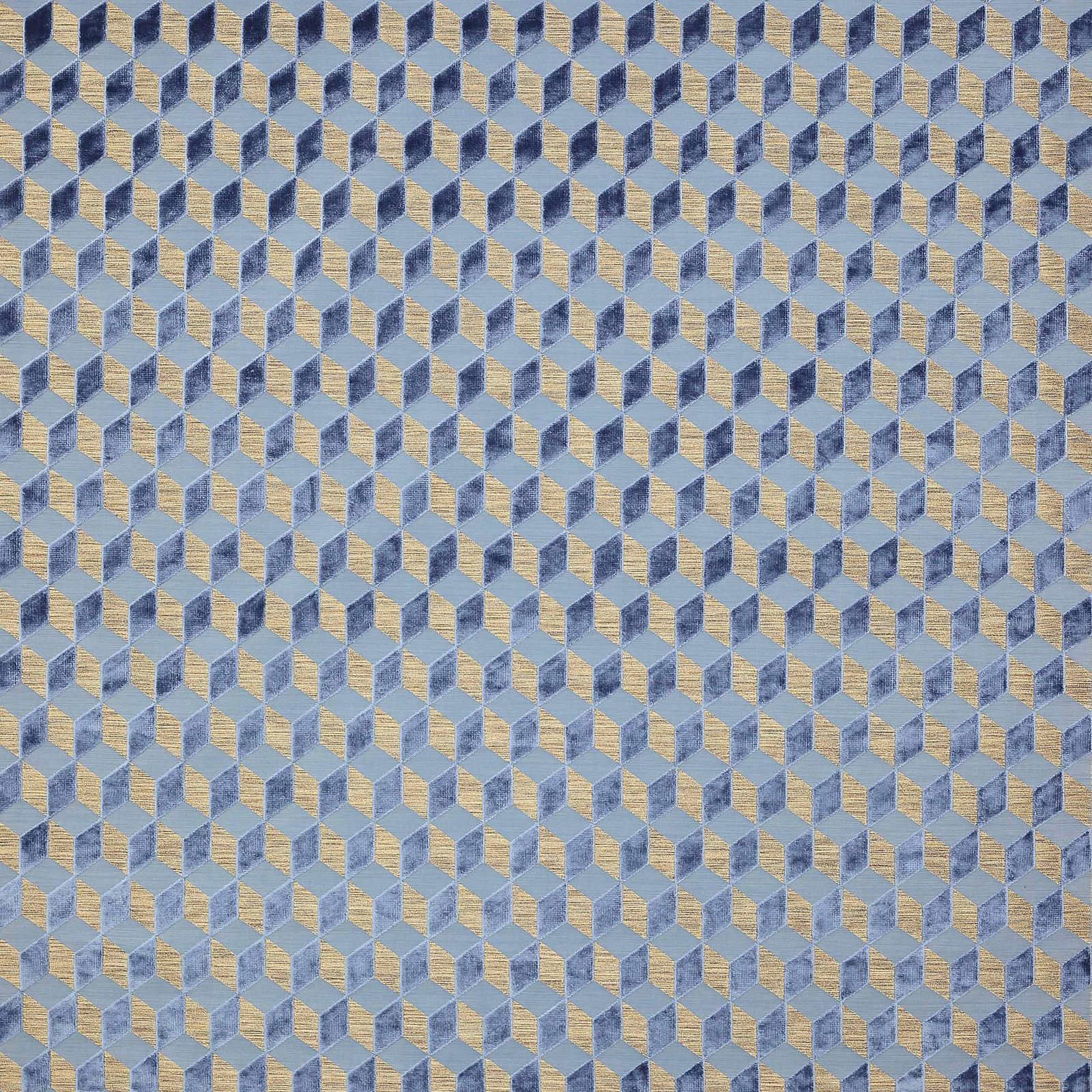 Small geometric cube-pattern fabric in sapphire blue, pale gold and light blue tones