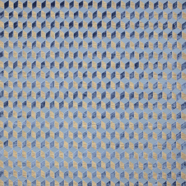 Small geometric cube-pattern fabric in sapphire blue, pale gold and light blue tones