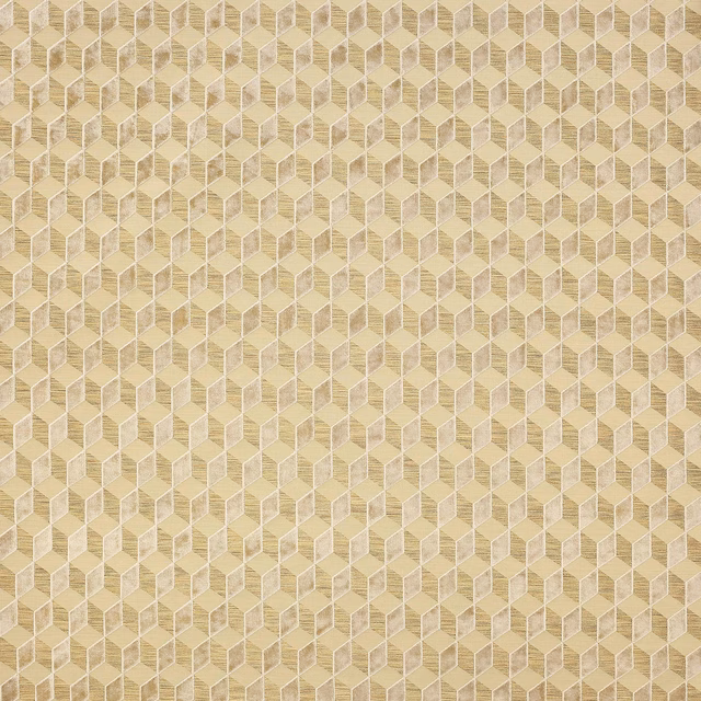Warm taupe geometric woven fabric with small hexagonal motif and subtle slubbed texture