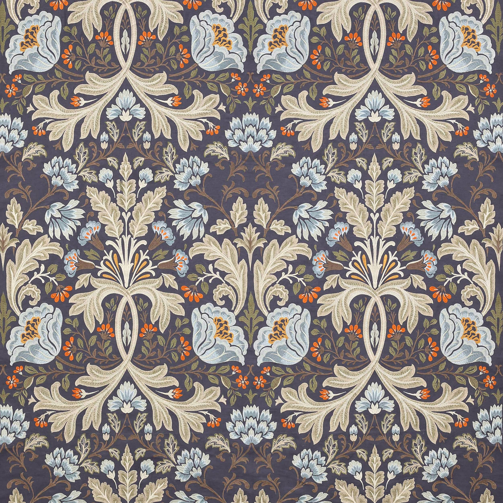 Large damask fabric with cream scrolls, pale blue flowers and orange accents on a navy ground