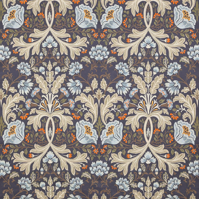 Large damask fabric with cream scrolls, pale blue flowers and orange accents on a navy ground