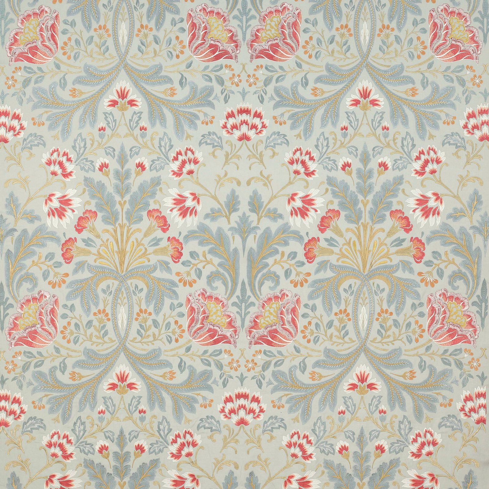 Pale blue floral fabric with coral and gold scrolling motifs and large repeat