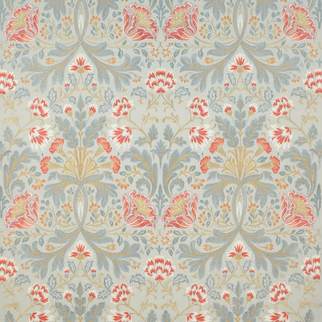 Pale blue floral fabric with coral and gold scrolling motifs and large repeat