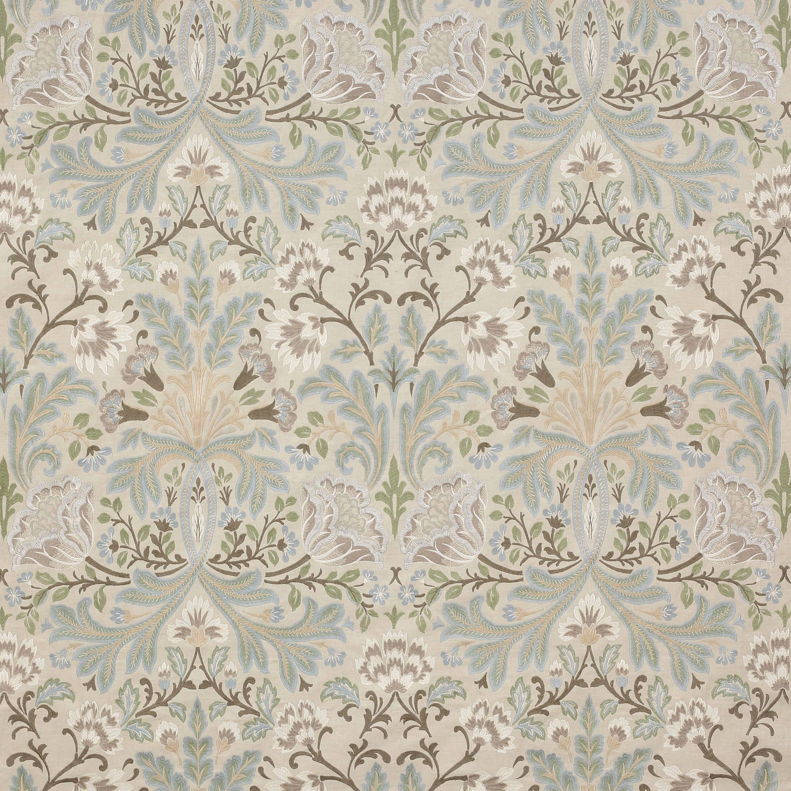 Silver-grey damask fabric with pale blue and cream floral scrolls