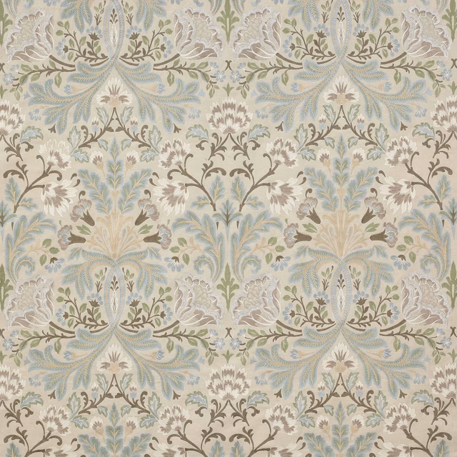 Silver-grey damask fabric with pale blue and cream floral scrolls