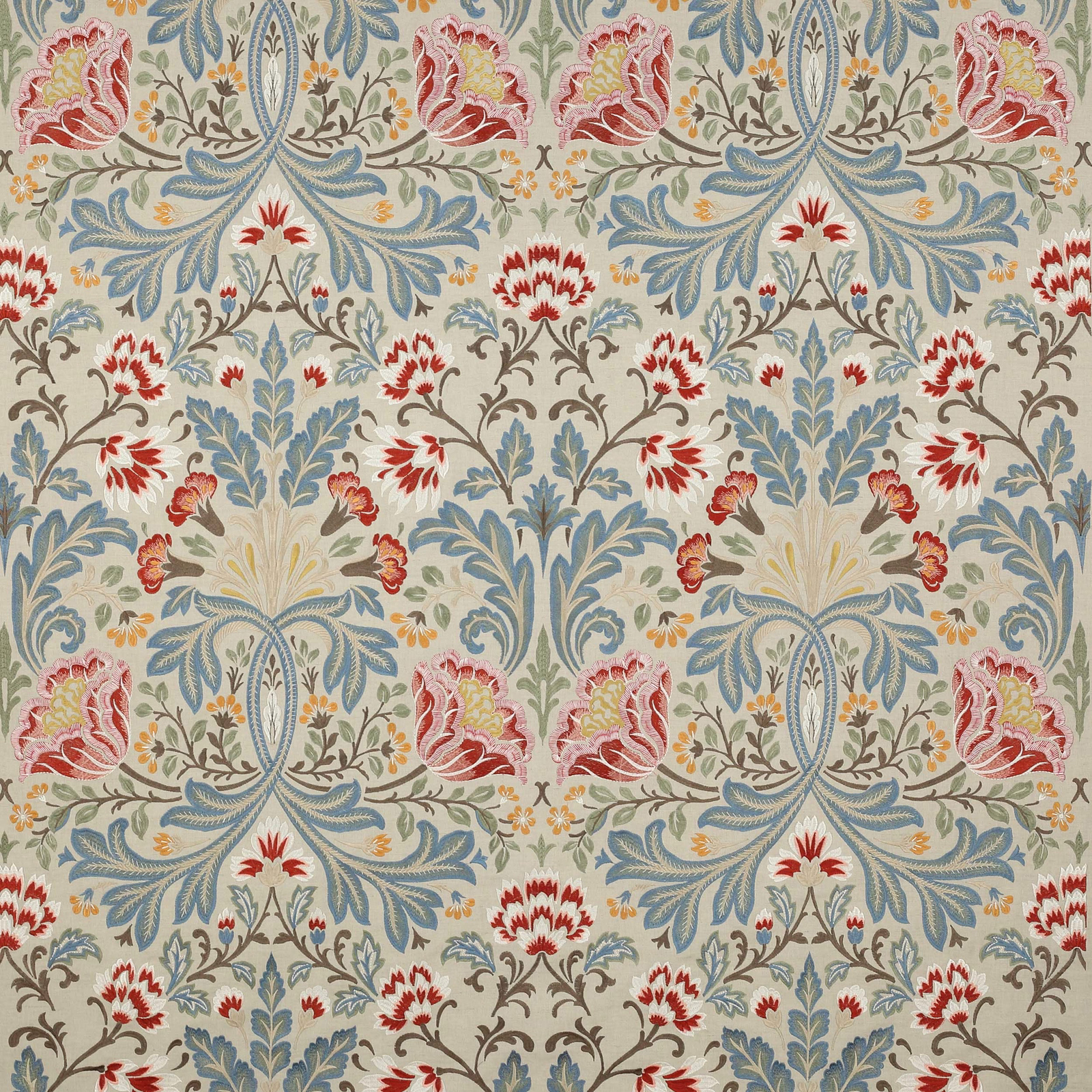 Large damask swatch with blue scrolls, tomato-red flowers and a pale cream ground