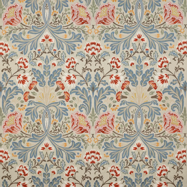 Large damask swatch with blue scrolls, tomato-red flowers and a pale cream ground