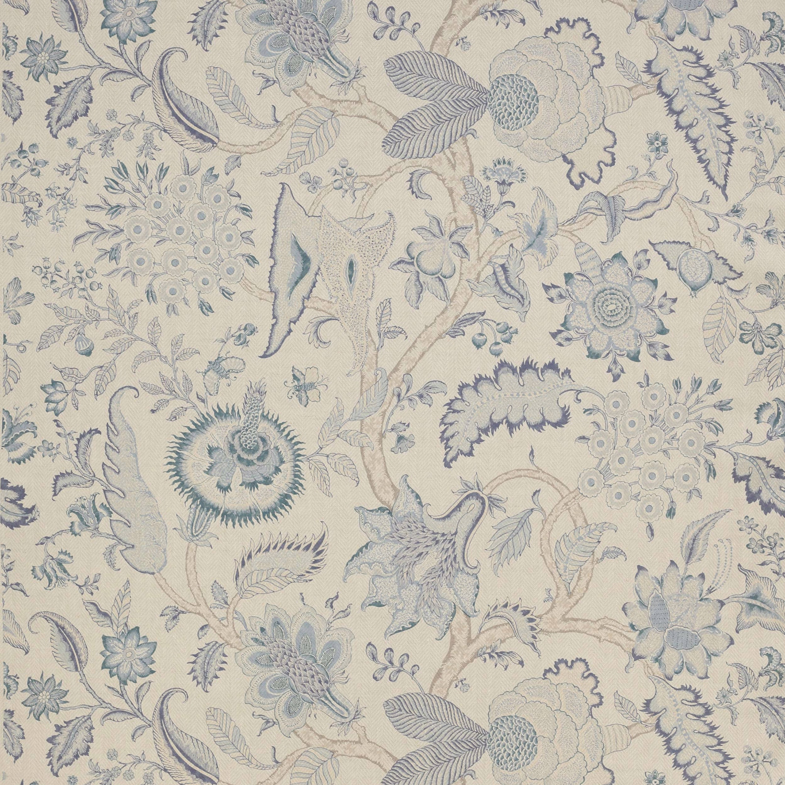 Pale linen floral fabric with soft blue botanical motifs and large repeat