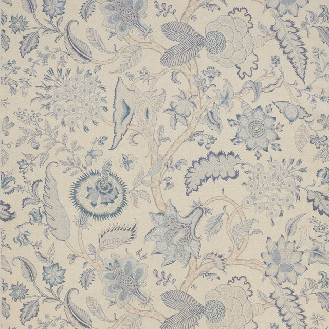 Pale linen floral fabric with soft blue botanical motifs and large repeat