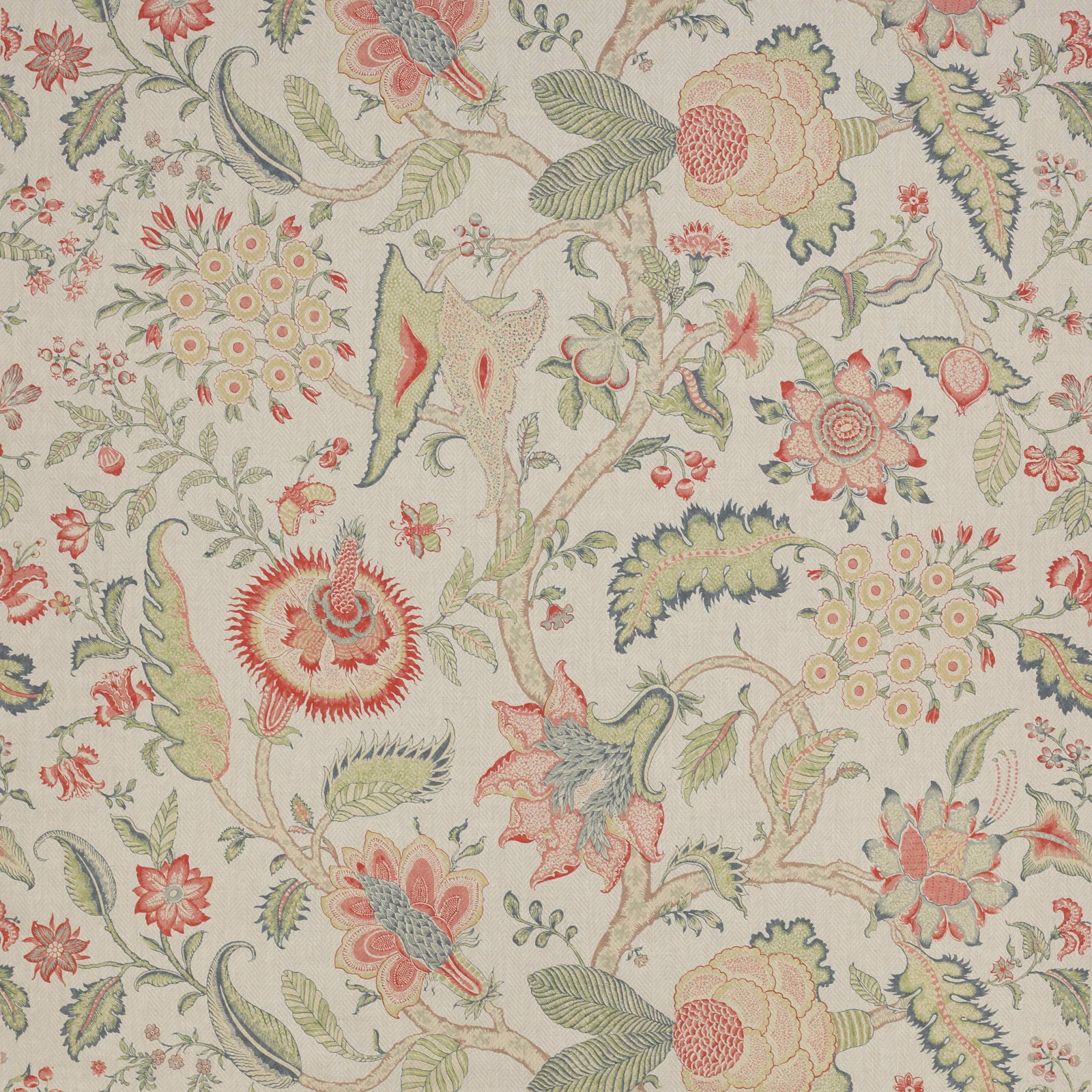 Large-scale floral and tree motif on a soft ivory linen ground with coral and sage details