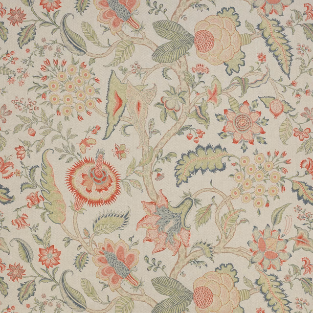 Large-scale floral and tree motif on a soft ivory linen ground with coral and sage details