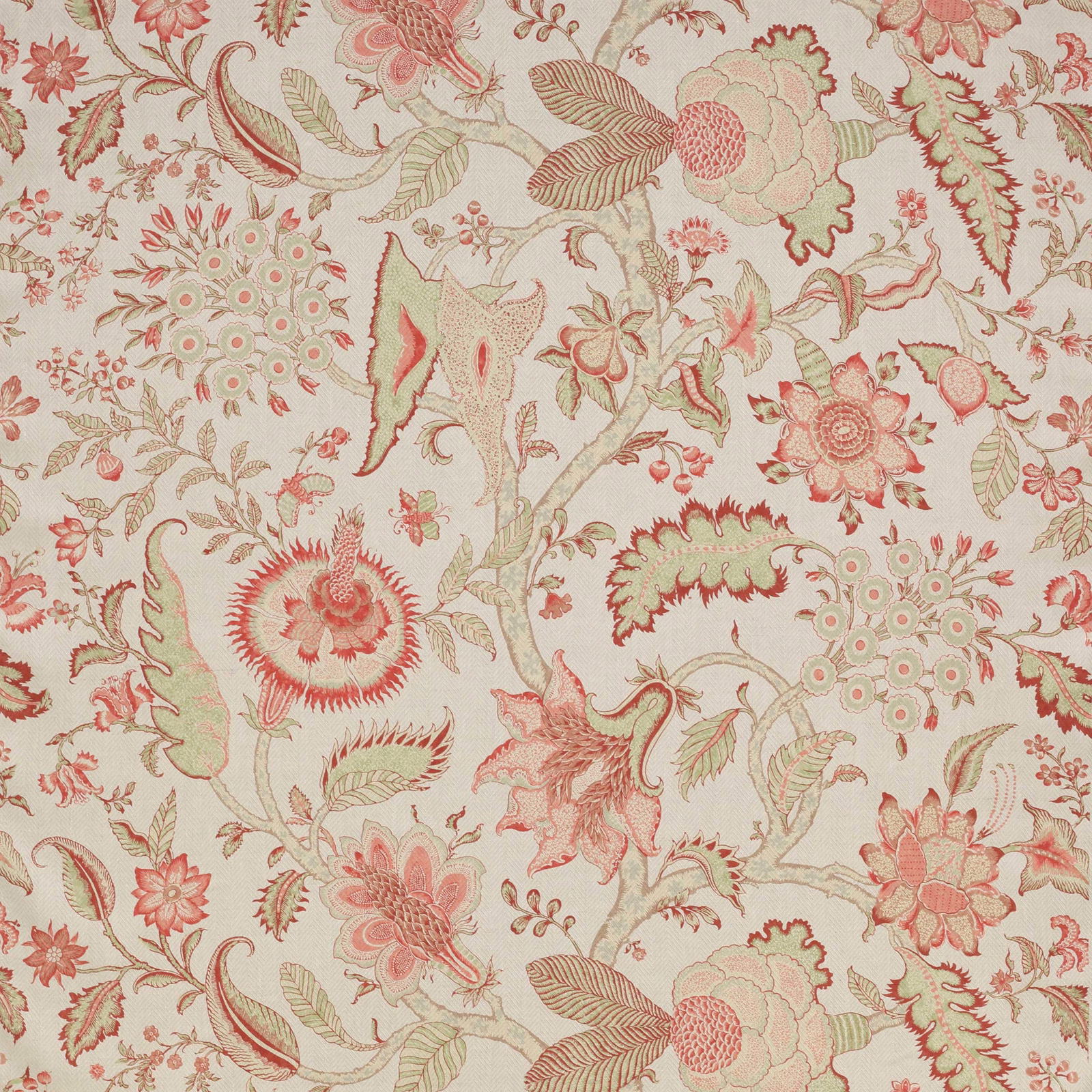 Cream linen fabric with large coral-red floral and leaf embroidery motif