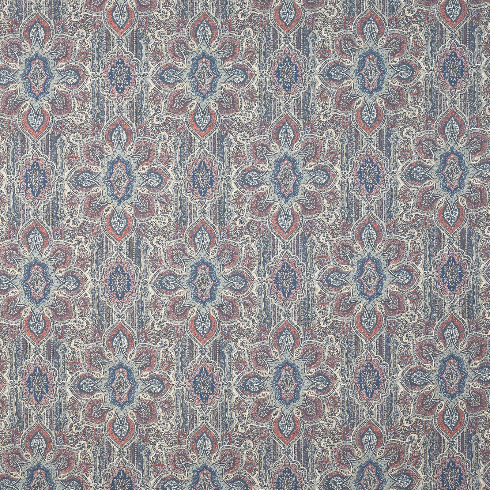 Patterned blue, blush and ivory linen swatch with ornate damask repeat