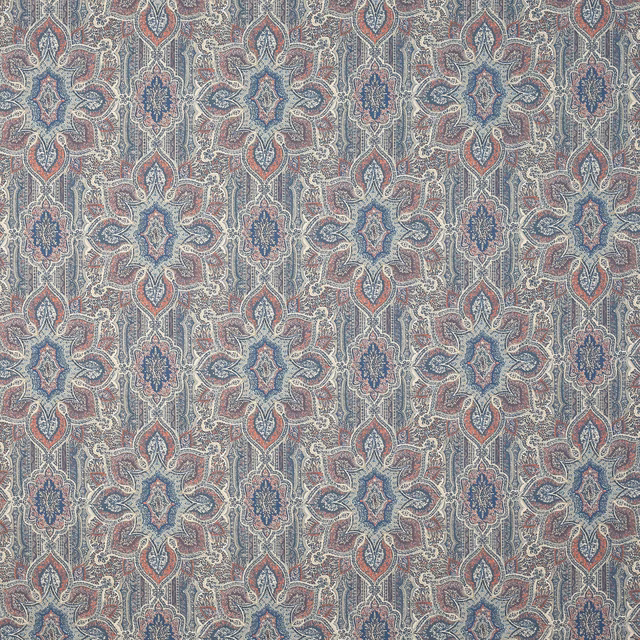 Patterned blue, blush and ivory linen swatch with ornate damask repeat