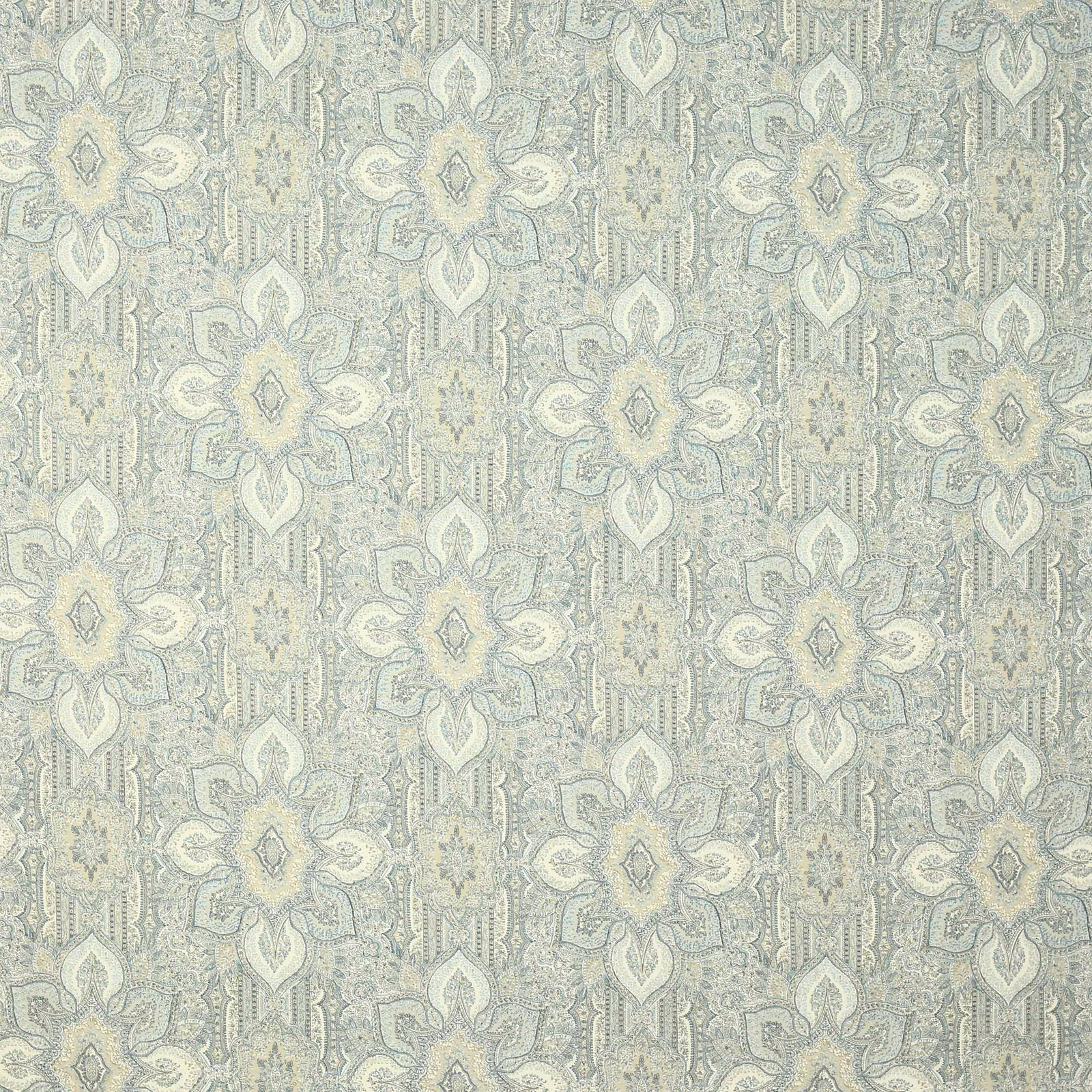 Pale blue damask linen swatch with cream and grey detailing