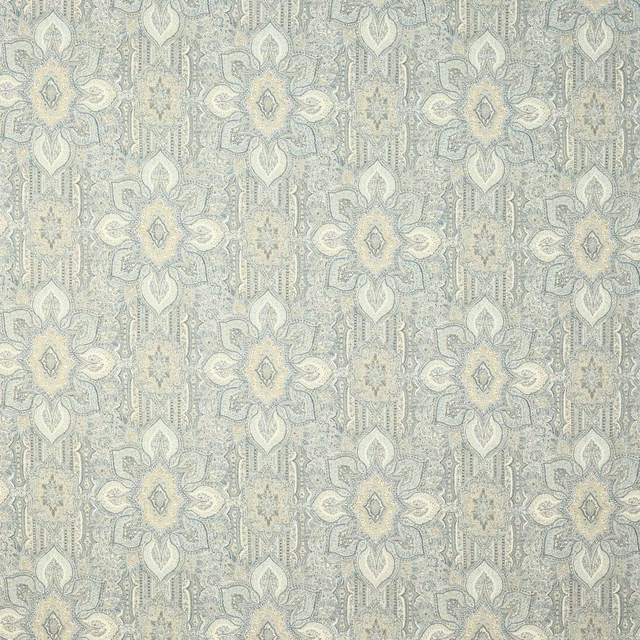 Pale blue damask linen swatch with cream and grey detailing